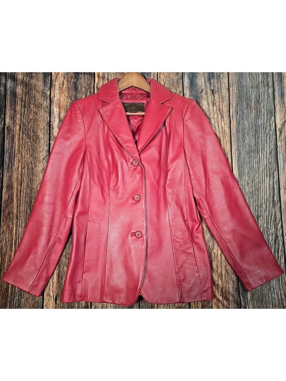 Siena Vtg Red Leather Blazer Button Front Collared Lined Jacket Retro Women's 4